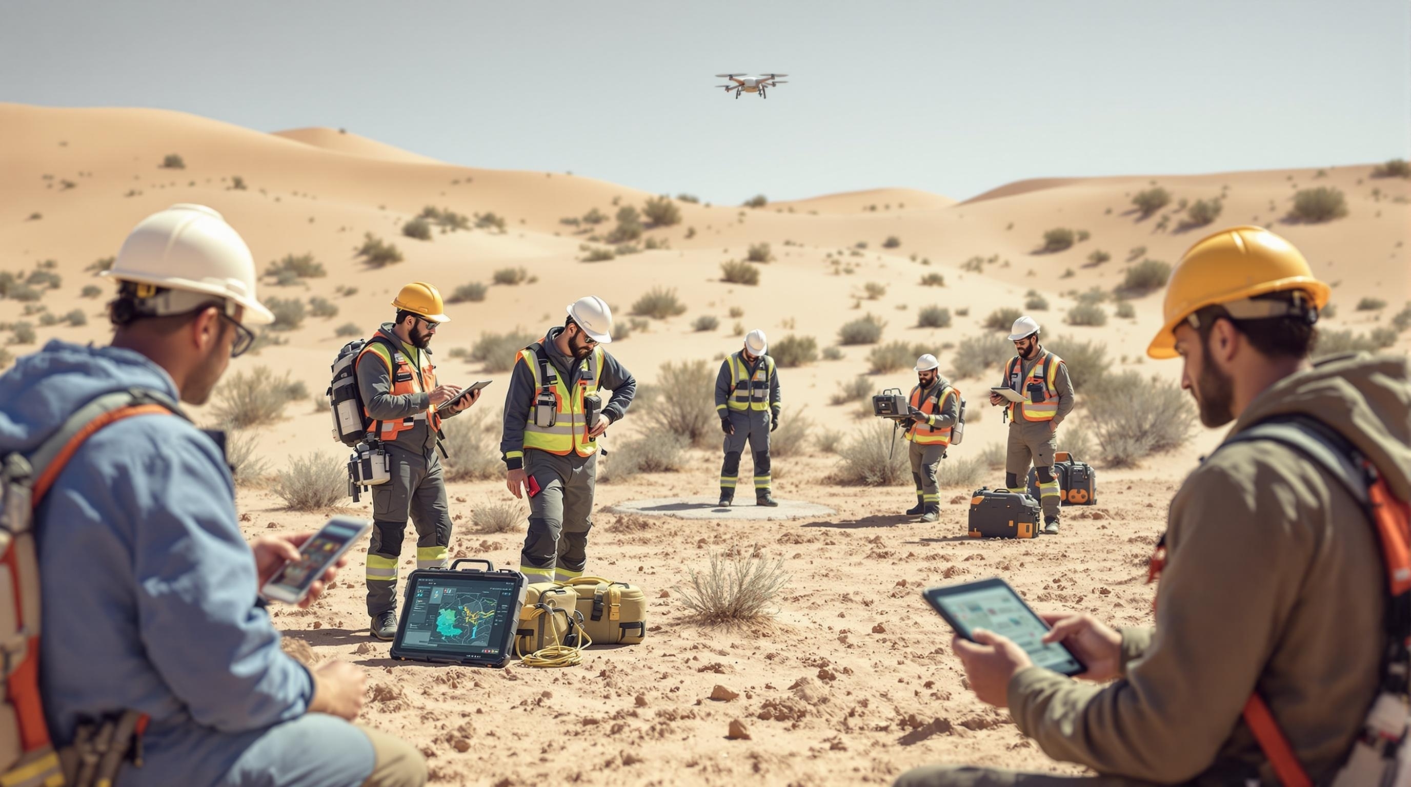 Field team operating autonomous robots in desert environment