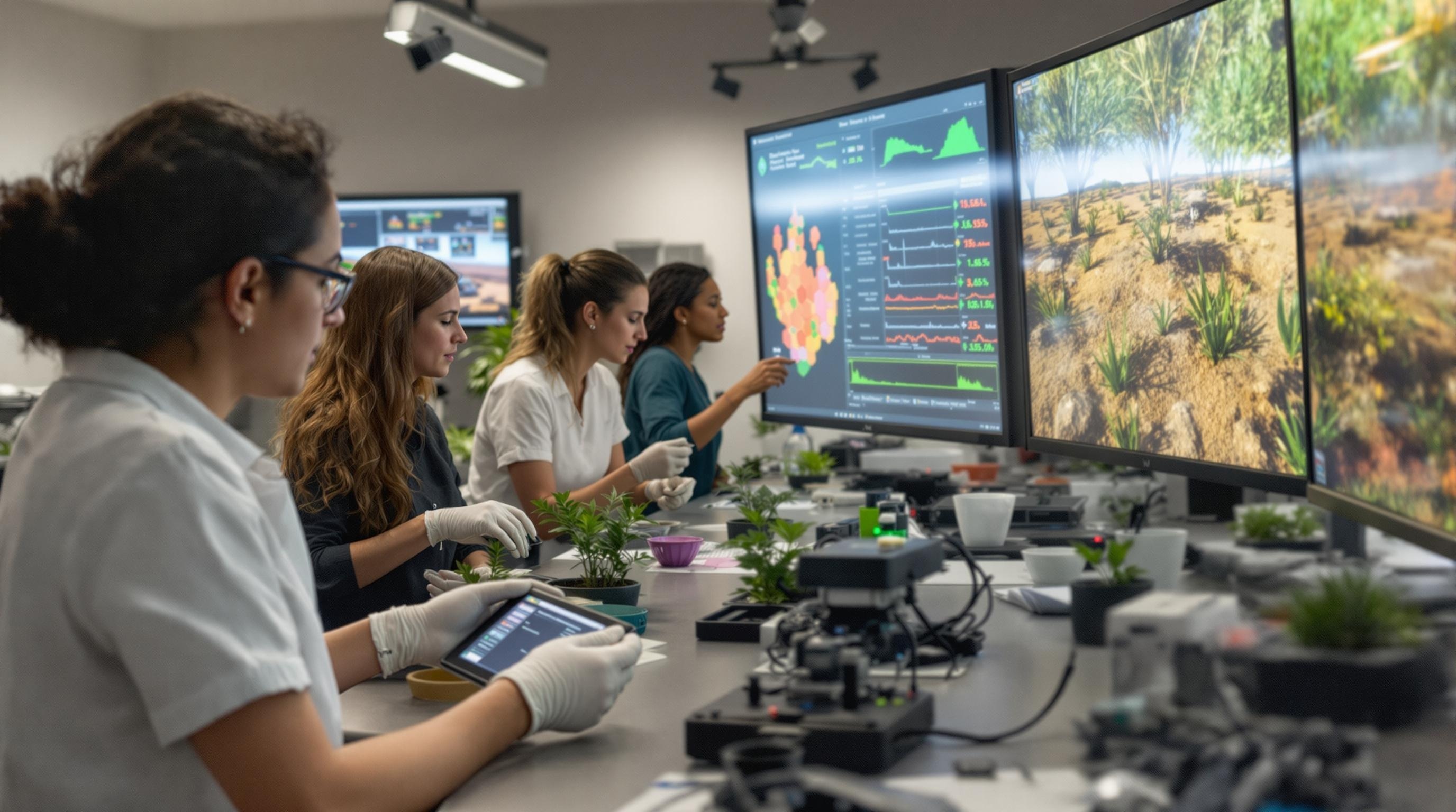 Scientists monitoring plant growth and ecosystem data
